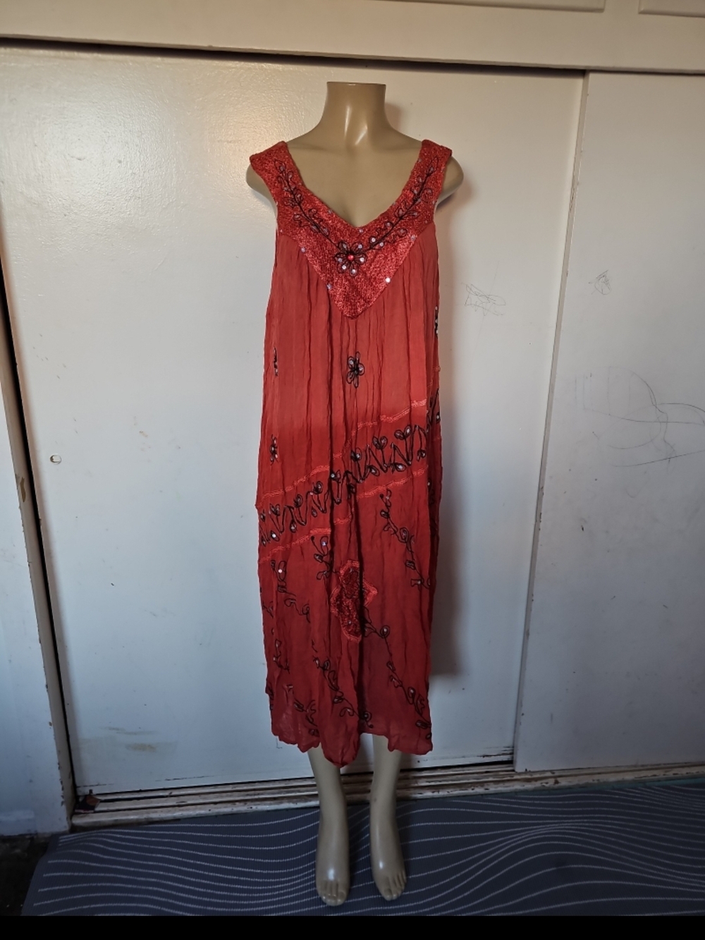 Women's Red Embroidered Midi Dress